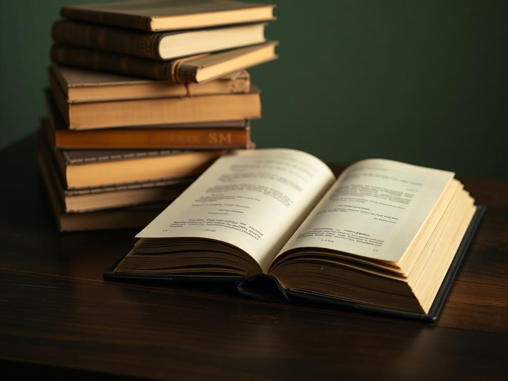 Livro aberto sobre mesa de madeira ao lado de livros de estudo