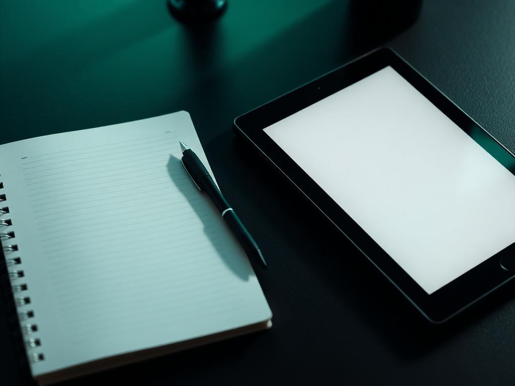 Caderno de planejamento, caneta e tablet sobre mesa