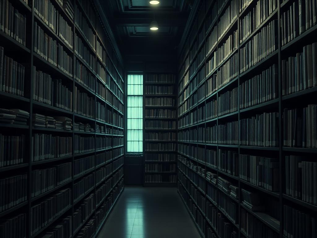 Estantes de uma grande biblioteca com livros